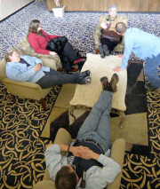 Resting during a lull in lobby activity, Saturday afternoon.