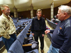 David Shepard, right, chats with two fans about his role in film preservation