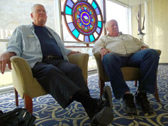Organist Marvin Faulwell and projectionist Richard Every take a lobby lounge break