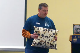 Brian with Laurel and Hardy pillow