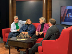 Bill Shaffer, Denise Morrison, and Tracey Goessel converse at WIBW with Ralph Hipp 3