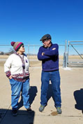 Louise Langberg chats with Bill Shaffer at the KSFF storage unit.