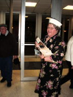 Enid greets guests on Saturday evening