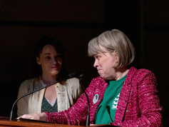 Katie Pratt stood onstage as Tracey Goessel explained how Katte restored D.W. Griffiths early films from individual paper copies of movie frames