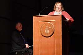 Denise introduces a movie to be accompanied on piano by Jeff Rapsis