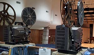 A view of the theater from behind the projectors