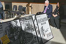 KSFF Board Members Marvin Faulwell speaks with Denise Morrison under the sun in the lobby