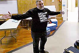 Brian Sanders takes a lunch break from the projection booth on Saturday